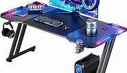 HLDIRECT LED Gaming Desk 55 Inch Ergonomic Gamer Workstation Gamer Carbon Fibre Surface Large Compuster Desk with Cup Holder & Hedphone Hook Black