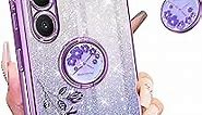 (3in1 for Samsung Galaxy S23 Case Glitter Sparkly for Women Girls Sparkle Girly Bling Shiny Phone Cover Cute Flowers Floral Design with Ring Pretty Purple Cases for S23 2023 6.1''