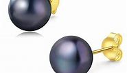 YAMI Black Pearl Earrings, Saltwater Cultured Pearl Studs, 925 Sterling Silver Hypoallergenic Earrings Plated in 14K Gold, Elegant Everyday Simple Handmade Jewelry Gifts for Women Girls, 9-9.5MM