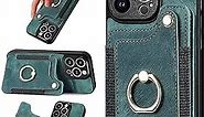 AIYZE ATOP Case for iPhone 14 Pro Max Leather Wallet | Wrist Strap | Kickstand | Card Slot | RFID Blocking | Ring Hoder | Magnetic Car Mount Function Phone Cover - Green