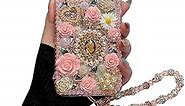 iFiLOVE for iPhone 14 Bling Diamond Case with Flower Strap, 3D Luxury Sparkle Glitter Crystal Rhinestone Pearl Love Rose Wristband Bracelet Case Cover for Girls Women Kids (Pink)