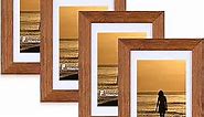 Flocey 5x7 Picture Frame Brown Set of 4 - Solid Wood Frames With Real Glass and 4x6 Mat for Table Top and Wall Mounting.