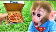 Monkey Baby Bon Bon and puppy eat mini pizza and play with duckling