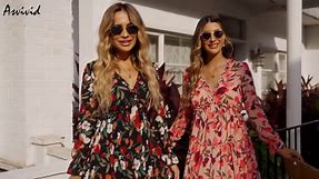 SHEWIN Plus Size Dresses for Women Boho Floral Print Maxi Dress with Long Sleeve V Neck Party Dress Spring Summer XL