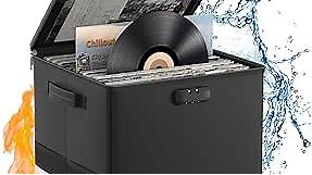 DocSafe Vinyl Record Storage Box with Lock,Fireproof＆Water Resistant Record Organizer Storage for 100+ Single Records(12-inch),Collapsible Storage Crate with Lid&Handles for Valuable Album Collection