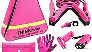 THINKWORK Car Emergency Kit for Teen Girl and Lady's Gifts, Pink Emergency Roadside Assistance kit with 10FT Jumper, First Aid Kit, Safety Hammer, Tow Rope, and More Ideal Pink Car Accessories Tool