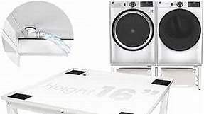 | Upgraded 29” Universal Laundry Pedestal – 700lbs Capacity, Raises 16” with Built-in Drain Pan + Hose, Adjustable Feet, Anti-Vibration, Steel & Storage Shelf for Washer & Dryer (White)
