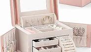 Vlando Jewelry Box Organizer for Girls Women, Large Baroque Jewelry Holder Organizer with Mirror, 3 Drawers for Bracelets, Earrings, Rings, Necklaces, Mothers Day for Loved One, Pink