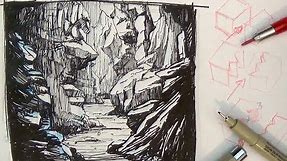 Pen and Ink Drawing Tutorials | How to draw a Valley Gorge landscape scenery
