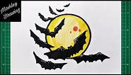 How to Draw Halloween Full Moon with Flying Bats - Halloween Drawing