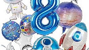 Space Balloons for 8th Birthday Decorations, 11PCS Boys Space Balloons Set with Rocket Astronaut Spaceship Balloons, Large Outer Space Galaxy Balloons with Star Moon Foil Balloons for Space Party