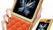 Shorogyt for Samsung Galaxy Z Flip 5 Case, Luxury Leather Diamond Z Flip 5 Cases for Women Girls, Elegant Girly Glitter Bling Rhinestone Soft Rhomboid PU & Hard PC Plated Phone Case for Flip 5 Orange