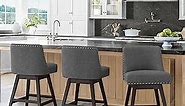 26 Inch Bar Stools Set of 3, Gray Swivel Counter Stools with Back, Linen Fabric Upholstered Barstools, Solid Wood Legs with Footrest, Modern Bar Stool for Kitchen Island, Dining Room, Pub