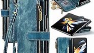 Narsbean Galaxy Z Fold 4 Wallet Case, Fold4 Wallet Case for Women Men with Wristlet Credit Card Holder Zipper PU Leather Protective Phone Cover for Samsung Galaxy Z Fold 4 2022 (Blue)