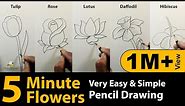 How To Draw Flowers | Tulip, Rose, Lotus, Daffodil, Hibiscus Very Easy & Simple Drawing | Art Video