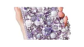 for iPhone 14 Pro Max Glitter Bling Case, Girly Cute Luxury 3D Crystal Rhinestone Flowers Diamond Pearl with Lanyard Wrist Strap Women Girls Case Cover for iPhone 14 Pro Max 6.7 inch (Purple)