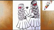 Best friends ❣️ pencil sketch Tutorial l How to draw two friends Hugging each other Easy Bff drawing