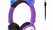 ONTA Kids Headphones with Cute LED Glowing Cat Ears,Foldable, Noise-Canceling and Adjustable Toddlers Headphones for Boys and Girls (Purple)