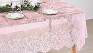 Fanqisi 2 Pieces Pink Lace Tablecloth 60x120 Inches Classic Wedding Lace Tablecloths Overlay Party Table Cover for Bridal Shower Party Table Decoration