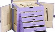 Frebeauty Large Jewelry Box,6-Tier PU Leather Jewelry Organizer with Lock,Multi-functional Storage Case with Mirror,Accessories Holder with 5 Drawers for Necklace Bracelets Watches（Purple）