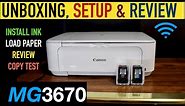 Canon Pixma MG3670 Setup, Unboxing, Loading Paper, Install Ink, Test & Review !!