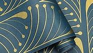 Peel and Stick Wallpaper Gold and Blue Wallpaper Stripe Contact Paper Geometric Removable Self Adhesive Wallpaper for Walls Bedroom Home Decoration Vinyl Rolls 17.3''x118.1''