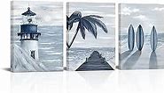 HOMEOART Blue Beach Wall Art Prints Ocean Pier Coastal Dock Seascape Lighthouse Painting Nautical Theme Framed Stretched Artwork Living Room Home Wall Decor 12"x16"x3 pcs