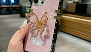 owwiktten Square Glitter Pearl Phone Case for iPhone 15 Pro Max 6.7inch with 3D Bling Diamond Butterfly Kickstand Holder Luxury Design for Women Girls Squared Shockproof 15promax Cover,Pink
