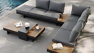 4 Pieces Modern L Shape Outdoor Sectional Sofa Set with Wood Coffee Table in Gray | Homary