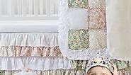 Brandream Luxury Girls Nursery Bedding Farmhouse Floral Crib Bedding Patchwork Baby Blanket Set, 4 Piece Cotton Layered Ruffle Set Pink White Green