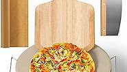5 PCS Large Pizza Stone Set,Heavy Duty 16" Pizza Stone for Oven and Grill with Handle Rack,Pizza Peel(OAK), Pizza Cutter Rocker & Cooking Paper,Large Baking Stone for Pizza, Bread