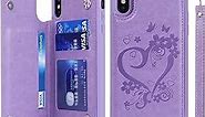 iCoverCase iPhone Xs Max Phone Case with Card Holder for Women, iPhone Xs Max Case Wallet with Wrist Strap [RFID Blocking] Embossed Leather Wallet Case for iPhone Xs Max 6.5" (Heart Purple)