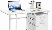 Tangkula White Folding Desk with 3 Drawers, Mobile Home Office Desk Study Writing Desk with Smooth Wheels, Space Saving Compact Desk for Dorm Apartment, Rolling Couch Desk Table