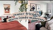 Completely Renter-Friendly 344 sq. ft. Studio Apartment Makeover | CAN’T PAINT OR DRILL HOLES