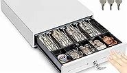 Volcora 13" Manual Push Open Cash Register Drawer for Point of Sale (POS) System, White Heavy Duty Till with 4 Bills and 5 Coin Slots, Key Lock with Fully Removable Money Tray and Double Media Slots