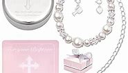 Baptism Bracelet in Sterling Silver and Cultured Pearls for Baby Girls, Comes with a Unique Silver-plated Jewelry Keepsake Box, Christening and Baptism Gifts For Girl,Includes 3 Charms