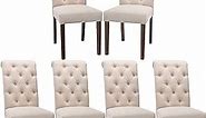 COLAMY Button Tufted Dining Chairs Set of 6, Accent Parsons Diner Chair Upholstered Fabric Dining Room Chairs Stylish Kitchen Chairs with Solid Wood Legs and Padded Seat - Dark Beige