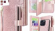 Harryshell Compatible with iPhone 15 Pro 5G 6.1 inch 2023 Wallet Case Detachable Removable Phone Cover Zipper Cash Pocket Multi Card Slots Wrist Strap Lanyard (Floral Rose Gold)