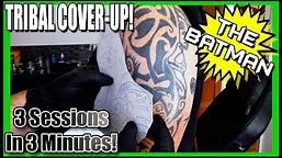 Huge Tribal Tattoo Cover-Up! 3 Sessions In 3 Minutes! The Batman Half Sleeve Time-Lapse Tattoo!