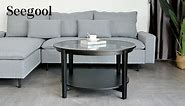 36 Inch Rustic Round Glass Wood Coffee Table with Storage