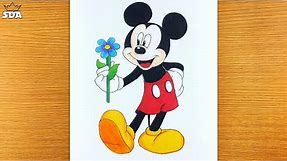 How to draw Mickey Mouse holding flower With color pencil - Easy step-by-step drawing lesson