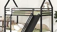 House Bunk Bed with Slide Twin Over Twin Metal Bunk Beds Frame Low/Floor Bunked for Kids Boys Girls Teens, Black