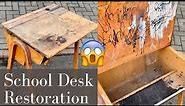 VINTAGE School Desk RESTORATION. Custom Brass Inlay and Walnut veneer.