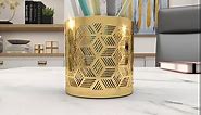 Metal Geometric Pencil Cup with Laser Carved Design,Hexagon, Gold