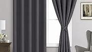JIUZHEN Dark Grey Blackout Curtains with Tiebacks Thermal Insulated, Light Blocking and Noise Reducing Grommet Curtains for Bedroom and Living Room, Set of 2 Window Curtain Panels, 60 x 72 Inch Length