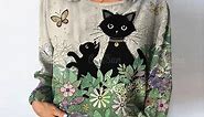 4.93US $ 68% OFF|Women's Long Sleeve Top T Shirt Cartoon Cat Print Loose Leisure Autumn O Neck Kawaii Tee Shirts With Cat Funny Female Clothing| |   - AliExpress
