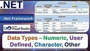 Data Types | Numeric Data Types | Character Data Types | Other Data Types | .Net Framework