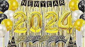 New Years Eve Party Supplies 2024 - Happy New Year Decorations Kit - Includes Banner, Hats, Glasses, Tiaras, Balloons, Squawkers and Fringe Curtain - Accessories for Adults Kids Party Decor