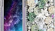 Omorro Compatible with iPhone 15 Pro Max Bling Case Luxury Glitter Rhinestone Diamond Crystal Sparkle Rose Flower Pearl Floral Soft Bumper Protective Case Cover for Women Girls Green