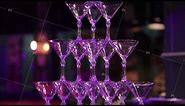Champagne glass pyramid. Clip. Pyramid of glasses of wine, champagne, tower of champagne